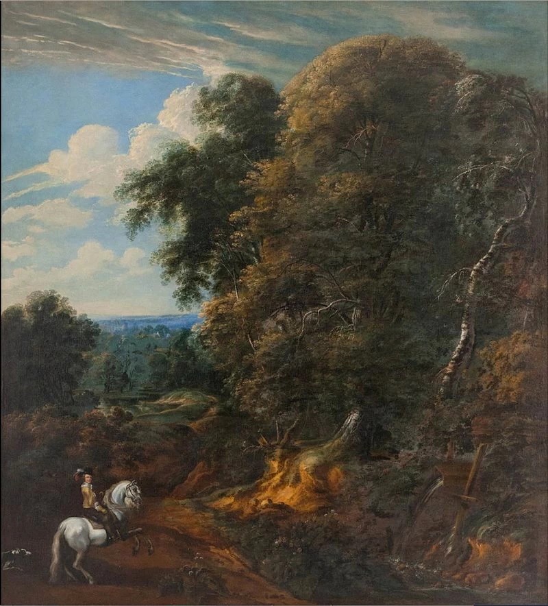 Cavaliere a cavallo in un paesaggio fluviale boscoso